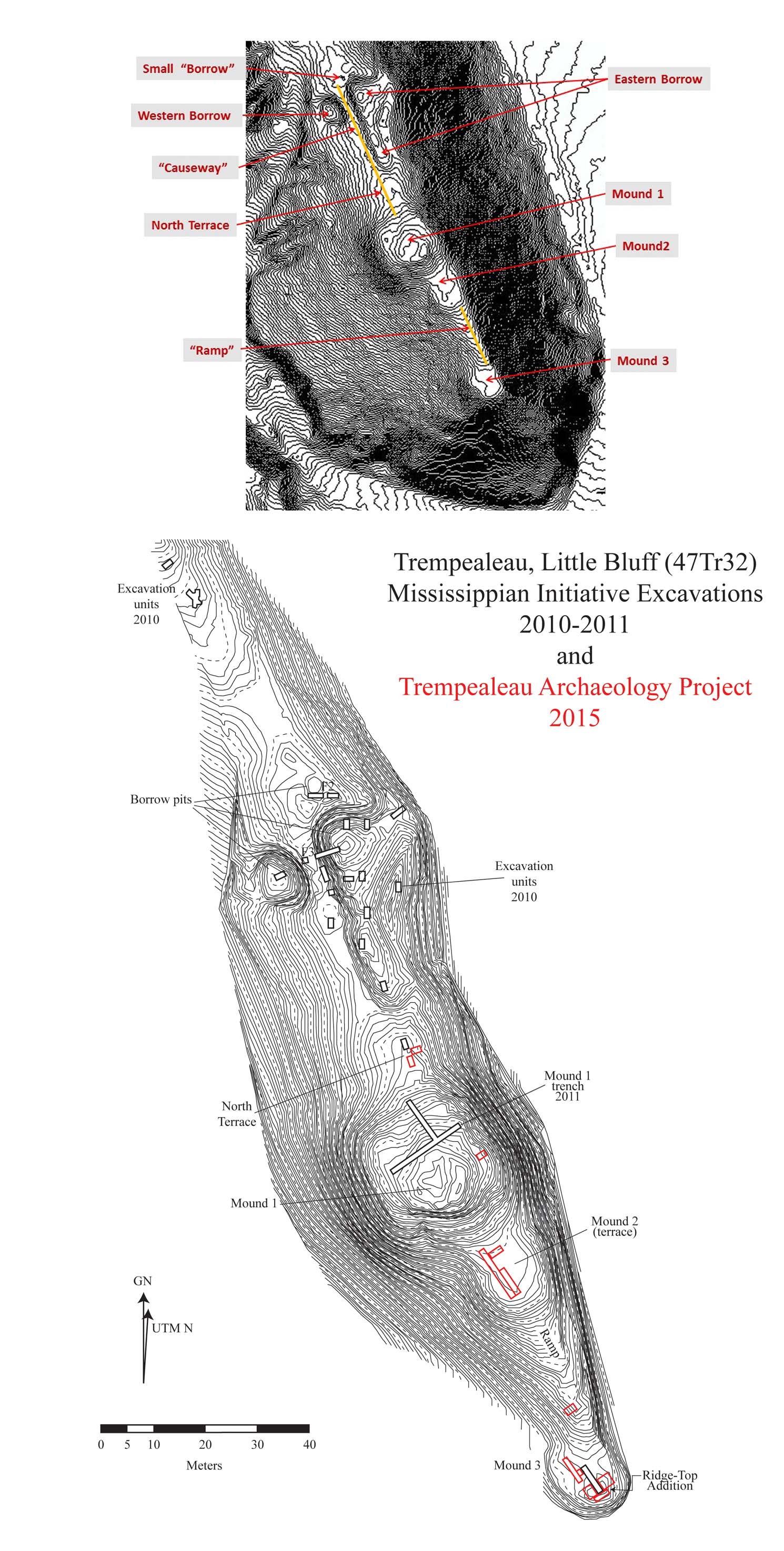 LB Lidar contour with surface features labeled for 2015 report